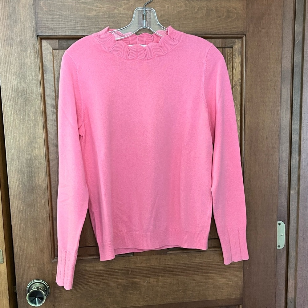 Boden Peach/Pink Ruffle-Trim Crewneck Sweater